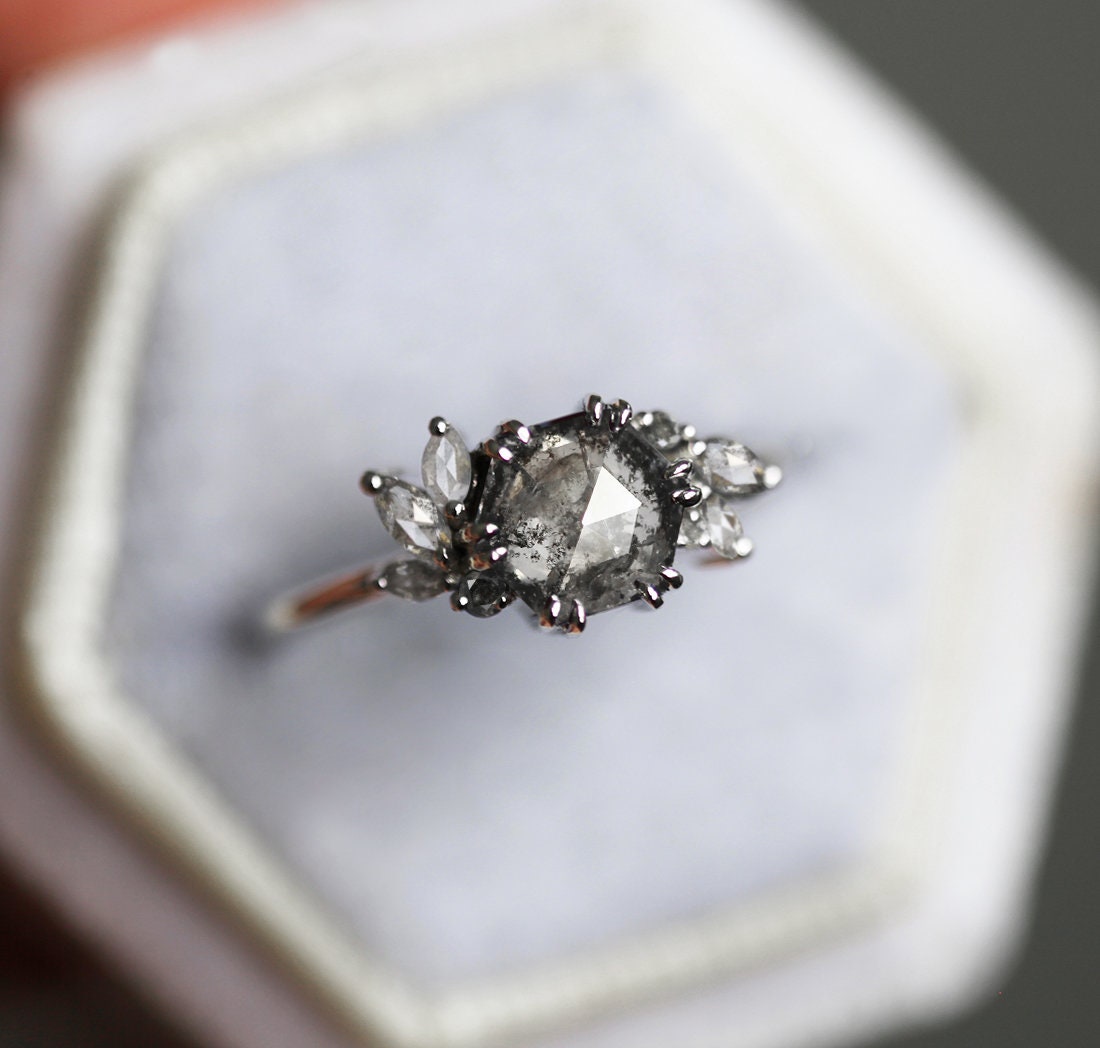 Hexagon Salt & Pepper Diamond Ring with Side Marquise-Cut and Round Salt & Pepper Diamonds