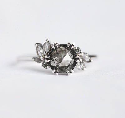 Hexagon Salt & Pepper Diamond Ring with Side Marquise-Cut and Round Salt & Pepper Diamonds
