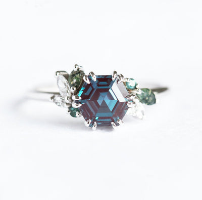 Teal Hexagon Alexandrite Ring with Side White Diamonds, Moss Agate and Tourmaline Stones