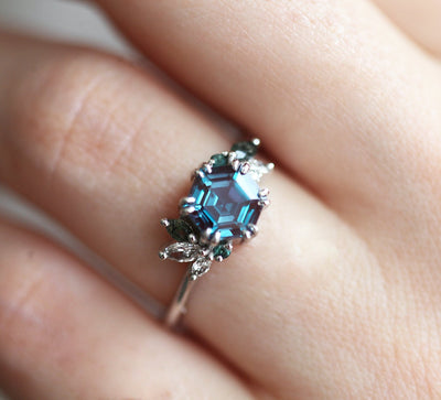 Teal Hexagon Alexandrite Ring with Side White Diamonds, Moss Agate and Tourmaline Stones
