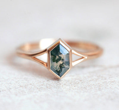 Hexagon Solitaire Moss Agate, Rose Gold Ring With Chevron Band