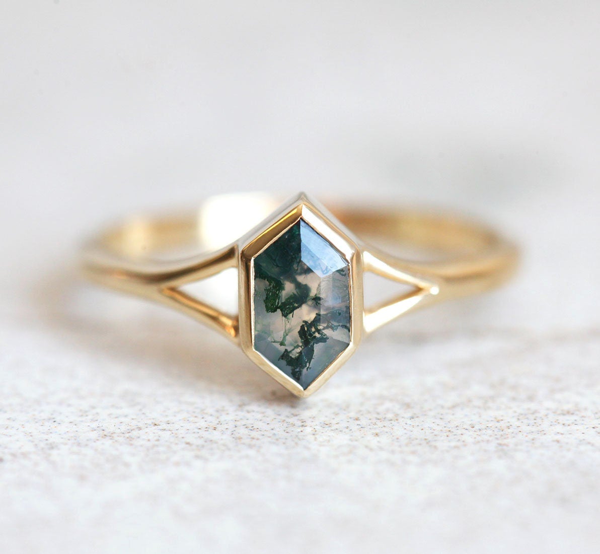 Hexagon Solitaire Moss Agate, Yellow Gold Ring With Chevron Band