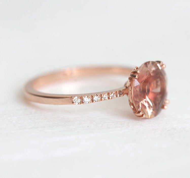 HAILEY OREGON SUNSTONE RING SET, ROUND GEMSTONE ENGAGEMENT RING WITH TWIG MOONSTONE STACKING RING, SUNSTONE ENGAGEMENT RING-Capucinne