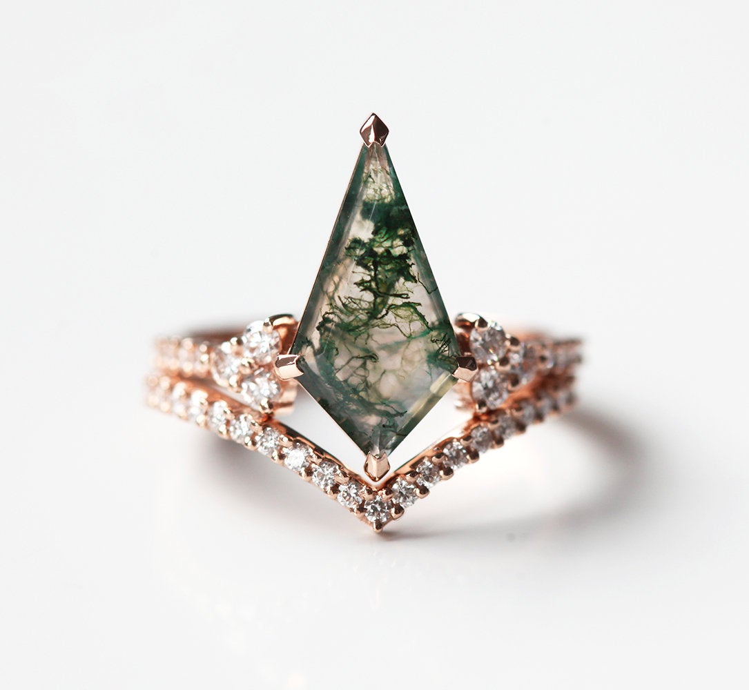 Round White Diamond Half Eternity Chevron Wedding Ring with moss agate gemstone ring