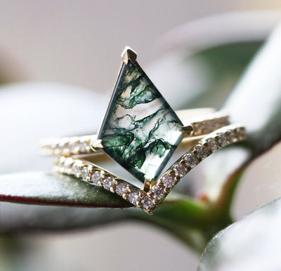 Round White Diamond Half Eternity Chevron Wedding Ring with moss agate ring