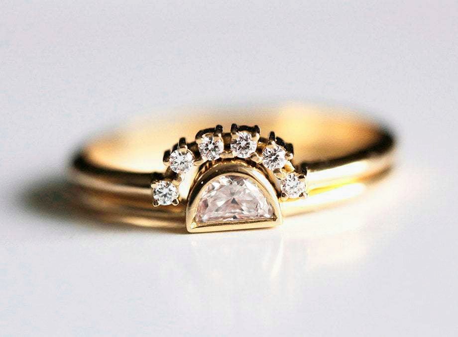 Half Moon White Diamond Solitaire Ring paired with Diamond curved band