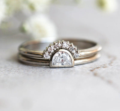 Half Moon White Diamond Solitaire Ring paired with Diamond curved band