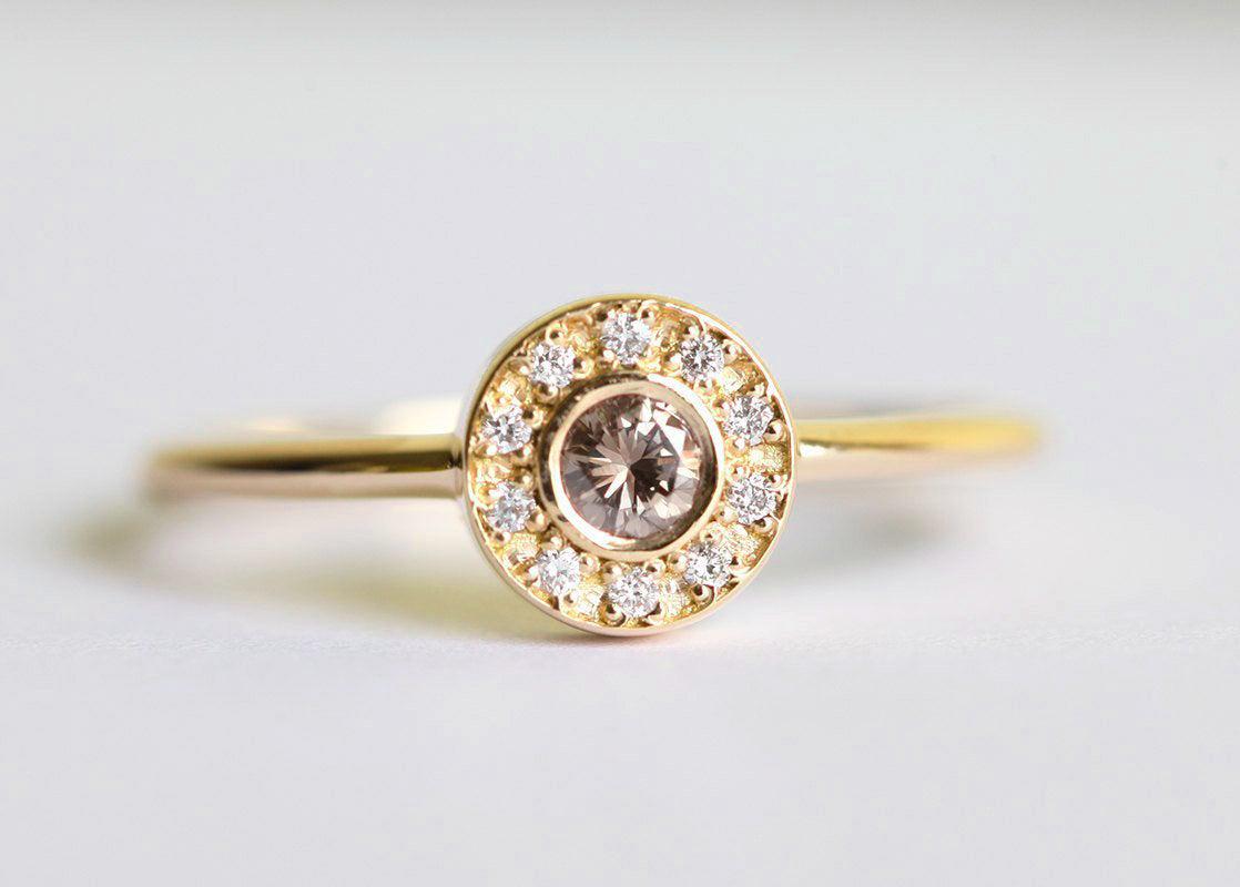 Round Champagne Diamond Halo Wedding Ring