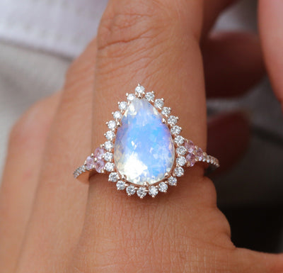 Pear Moonstone Halo Engagement Ring with White Diamonds and Sapphire