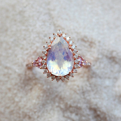 Pear Moonstone Halo Engagement Ring with White Diamonds and Sapphire