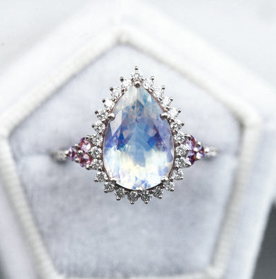 Pear Moonstone Halo Engagement Ring with White Diamonds and Sapphire