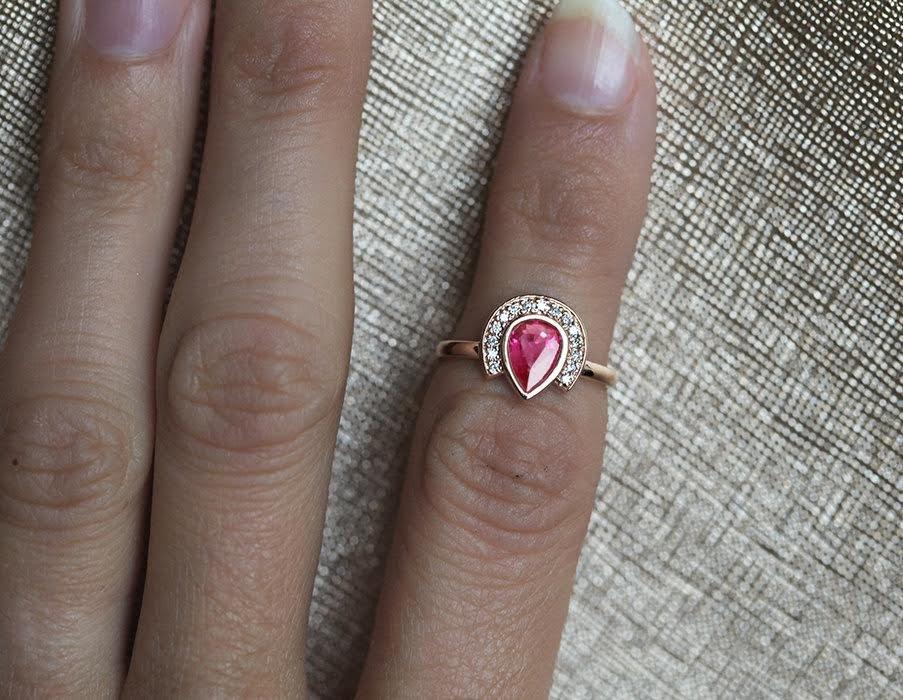 Pear Ruby Halo Ring with Round White Diamonds