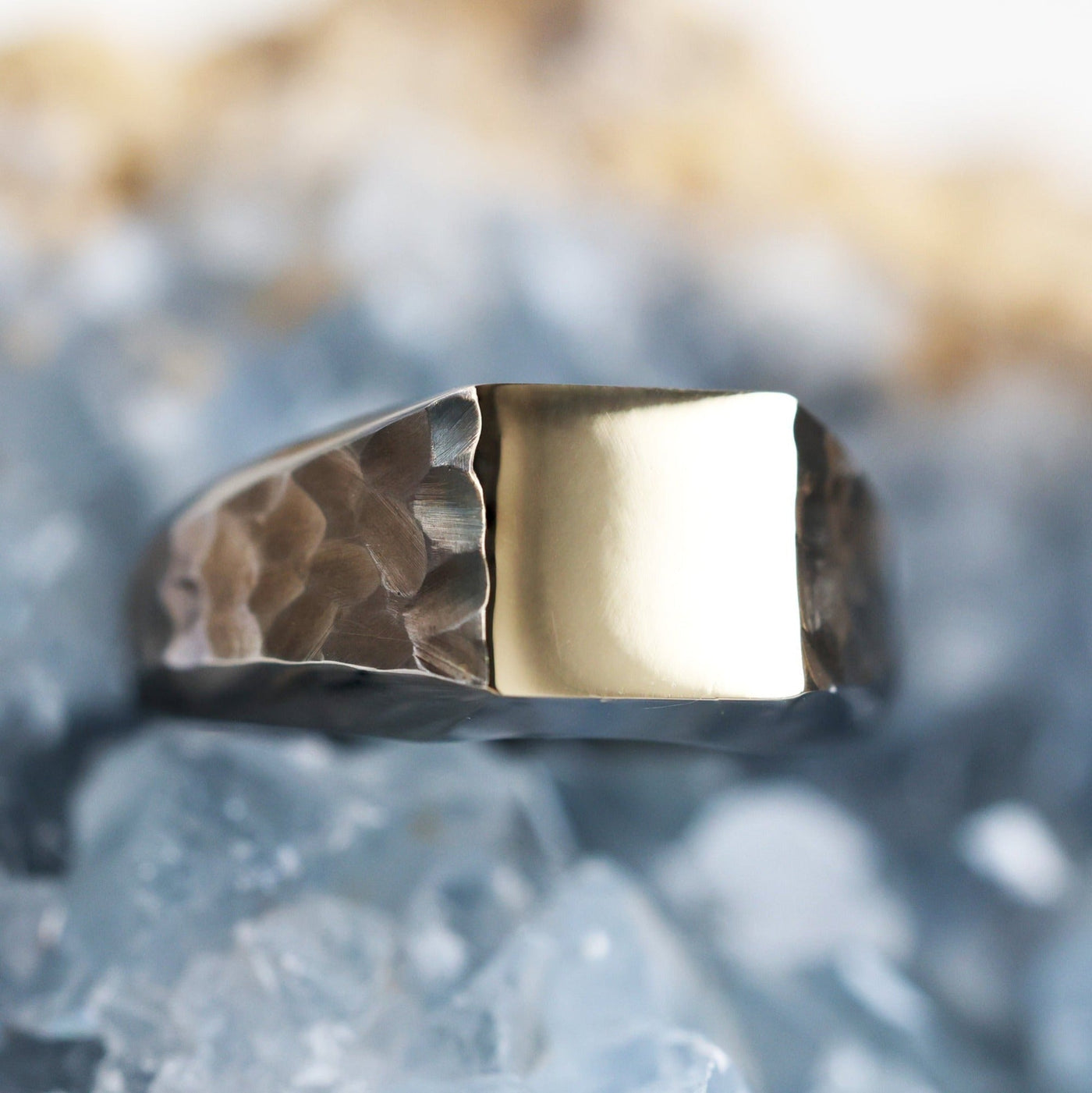 Stylish hammered men's signet ring with a classic design.