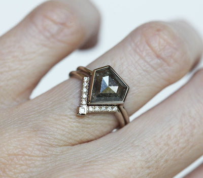 Shield Salt & Pepper Diamond Ring Set with Round and Princess-Cut White Diamonds