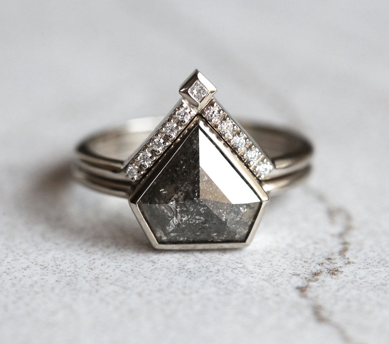 Shield Salt & Pepper Diamond Ring Set with Round and Princess-Cut White Diamonds
