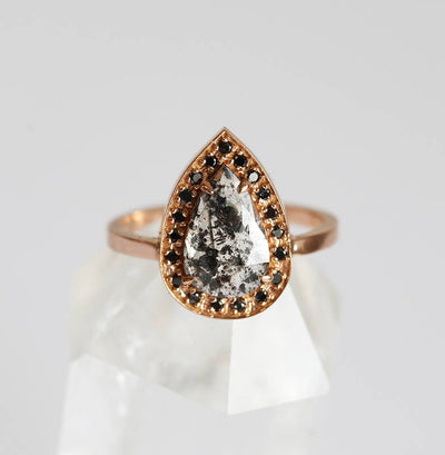 Pear Salt & Pepper Diamond Ring with Side Round Black Diamonds