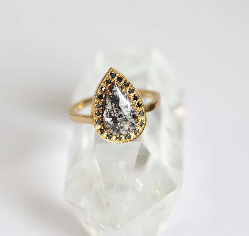 Pear Salt & Pepper Diamond, Yellow Gold Ring with Side Round Black Diamonds