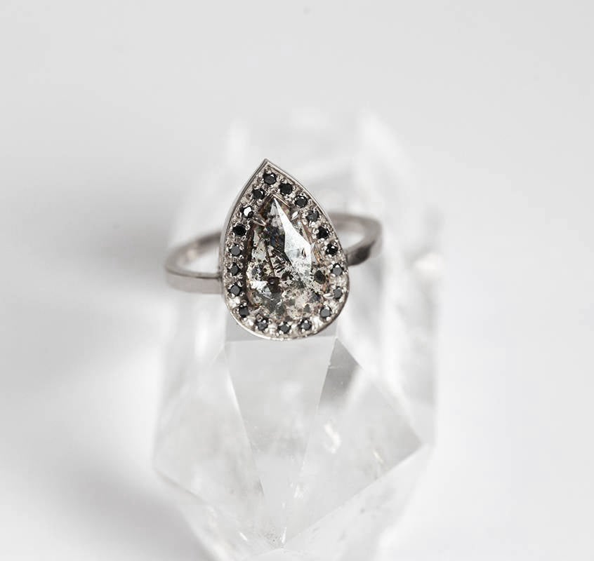 Pear Salt & Pepper Diamond, Platinum Ring with Side Round Black Diamonds