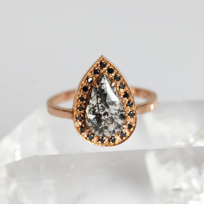 Pear Salt & Pepper Diamond Ring with Side Round Black Diamonds