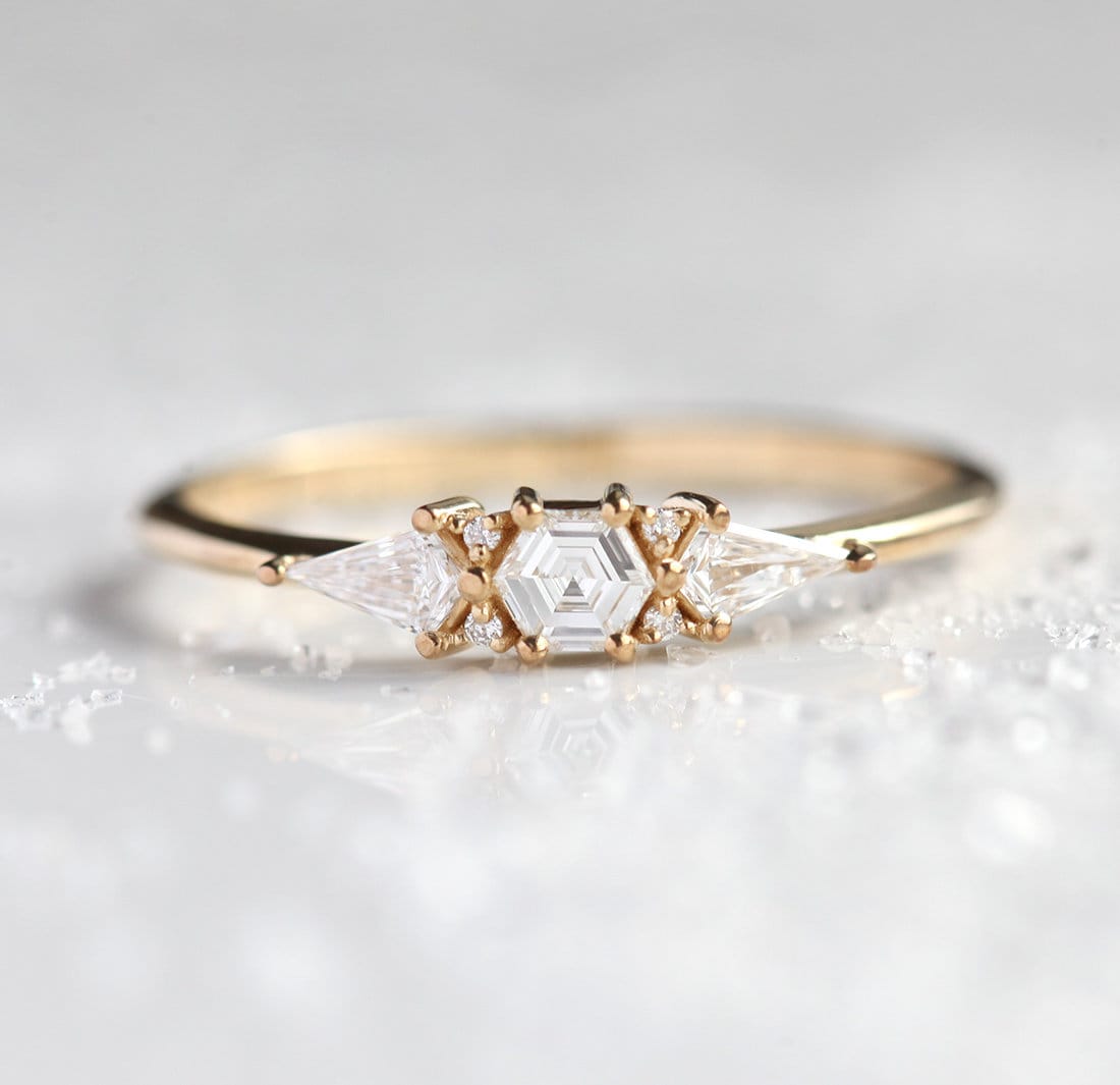 Hexagon White Diamond Ring with 2 Side Kite-Cut White Diamonds and small Round Diamonds
