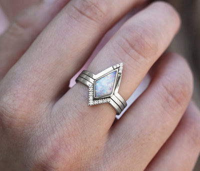 Kite White Opal Solitaire Ring Set with Complementary White Round Diamonds