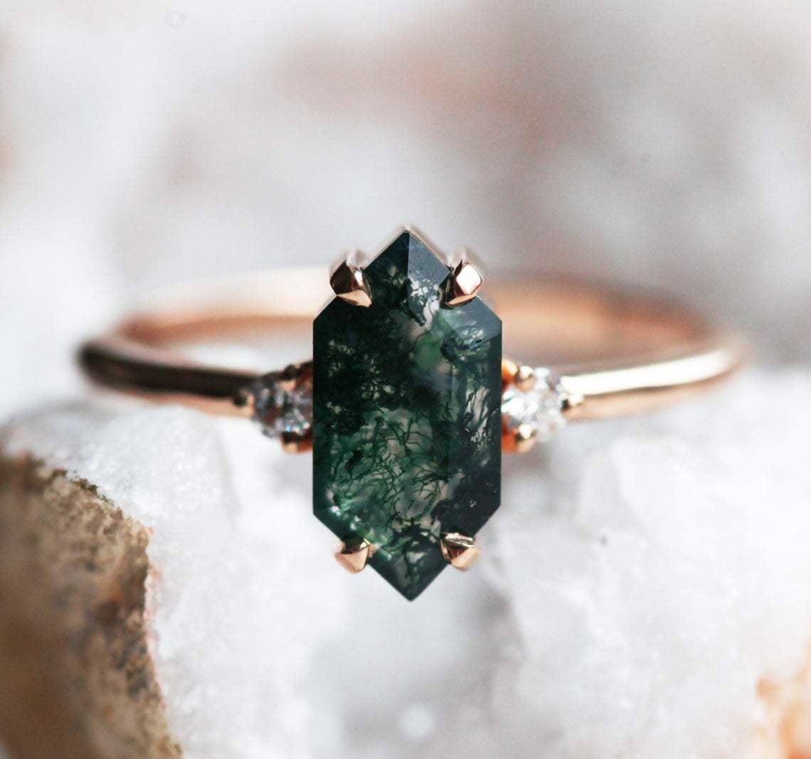 Hexagon Moss Agate, Rose Gold Ring Set with 2 Side White Diamonds