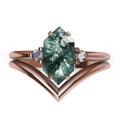 Hexagon Moss Agate, Rose Gold Ring Set with 2 Side White Diamonds and V-Shaped Band