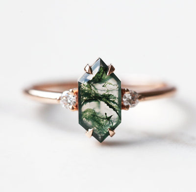 Hexagon Moss Agate Ring Set with 2 Side White Diamonds