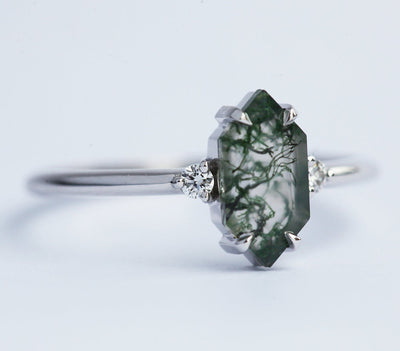 Hexagon Moss Agate Ring Set with 2 Side White Diamonds
