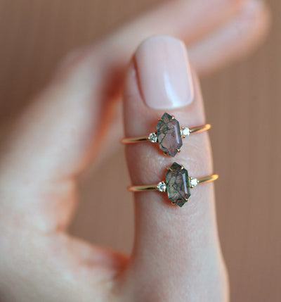2 Hexagon Moss Agate, Rose and Yellow Gold Rings with Side White Diamonds