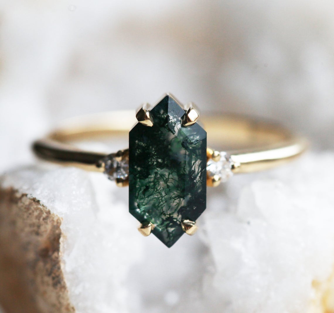 Hexagon Moss Agate, Yellow Gold Ring Set with Side White Diamonds