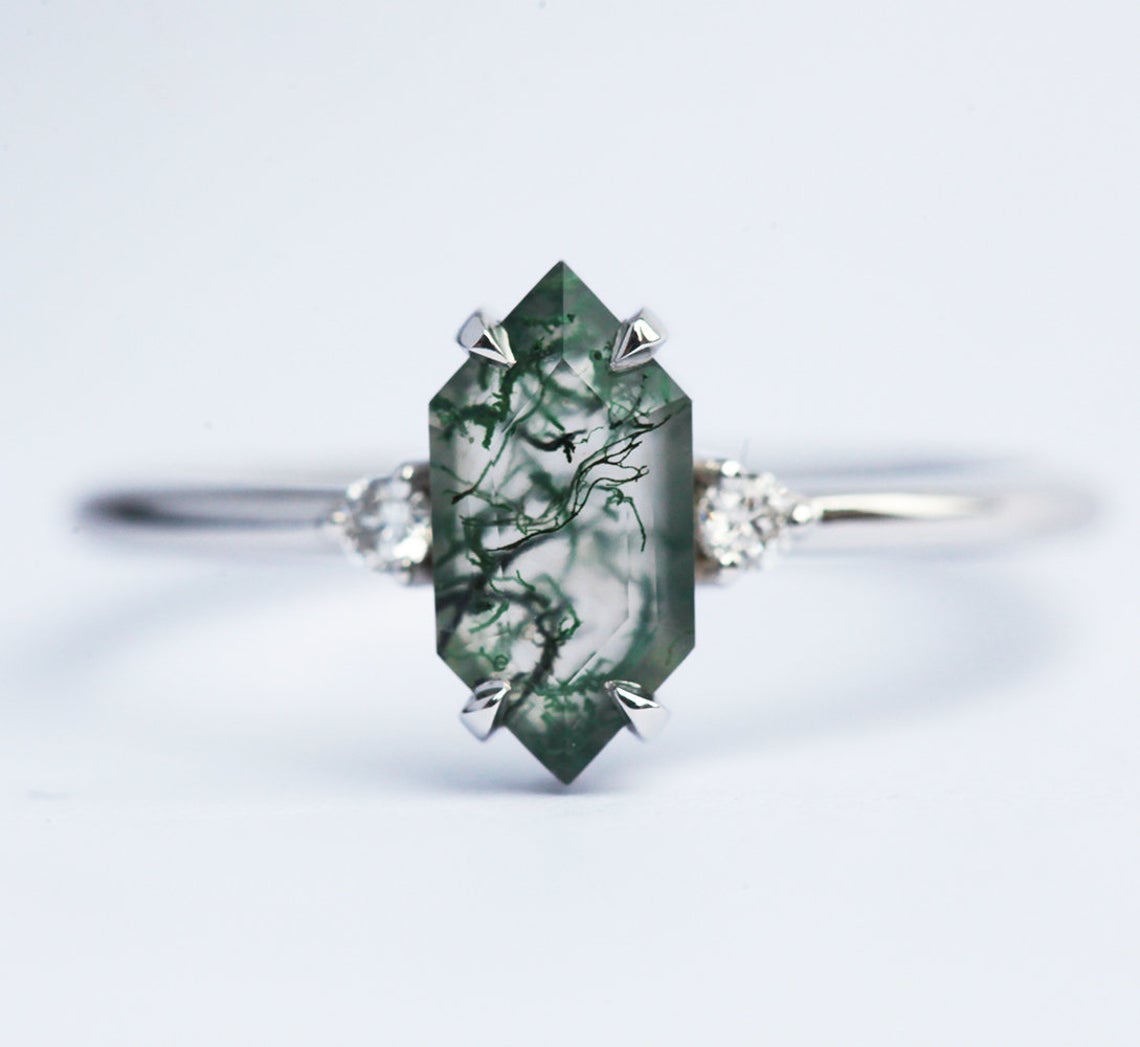 Hexagon Moss Agate, Platinum Ring Set with Side White Diamonds