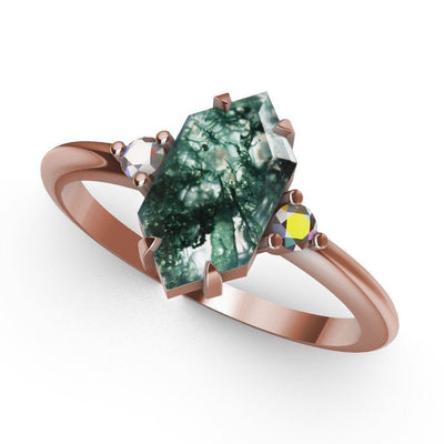 Hexagon Moss Agate, Rose Gold Ring Set with Side White Diamonds