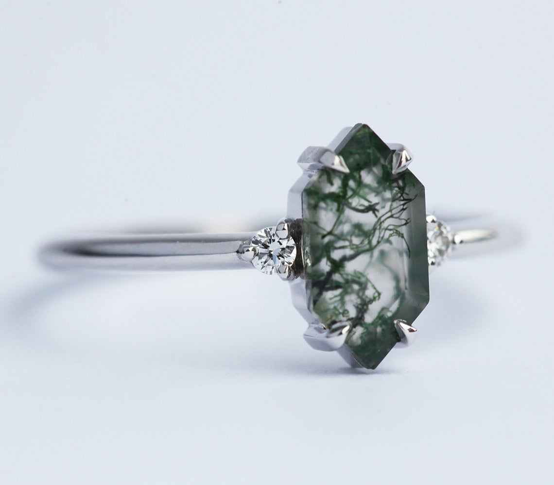 Hexagon Moss Agate, Platinum Ring Set with Side White Diamonds