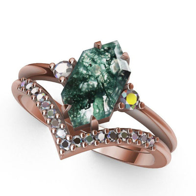 Hexagon Moss Agate, Rose Gold Ring with Side White Diamonds and Diamond V-Shaped Band