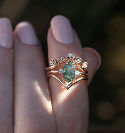 Hexagon Moss Agate Ring Set with Side White Diamonds