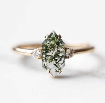 Hexagon Moss Agate, Yellow Gold Ring with Side White Diamonds