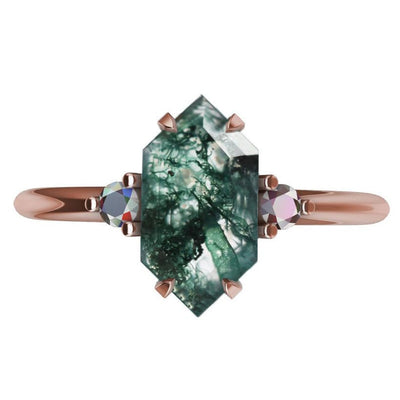 Hexagon Moss Agate, Rose Gold Ring with Side White Diamonds