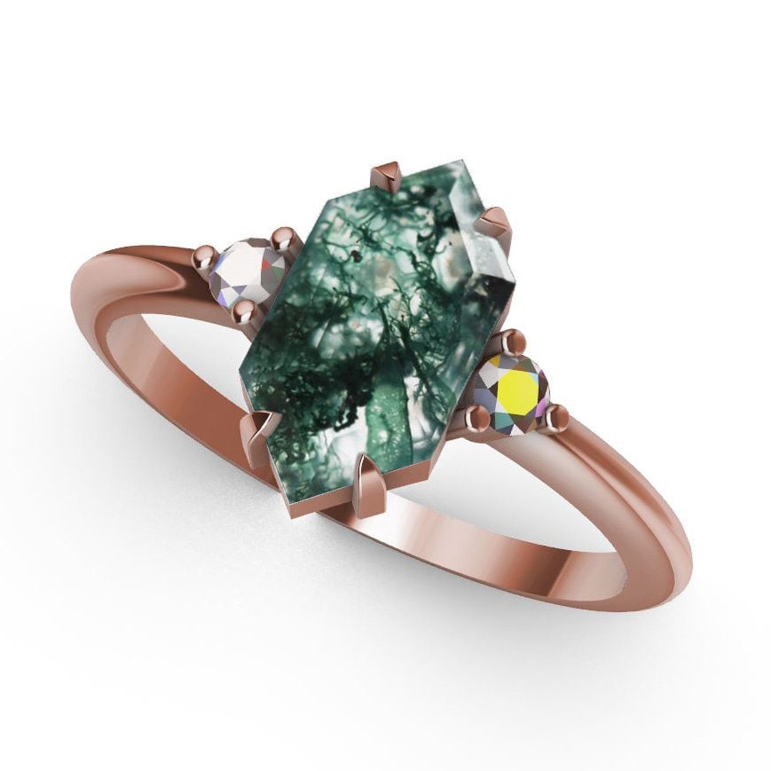 Hexagon Moss Agate, Rose Gold Ring with Side White Diamonds