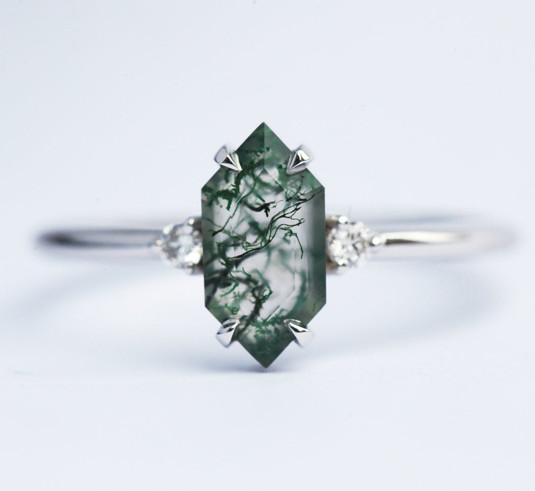 Hexagon Moss Agate, Platinum Ring with Side White Diamonds