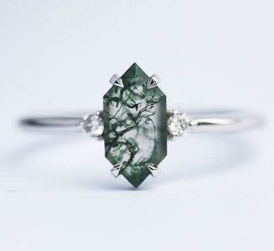 Hexagon Moss Agate, Platinum Ring with Side White Diamonds