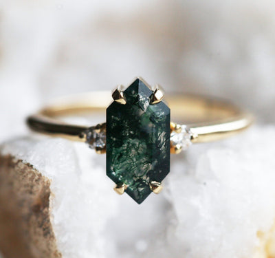 Hexagon Moss Agate, Yellow Gold Ring with Side White Diamonds