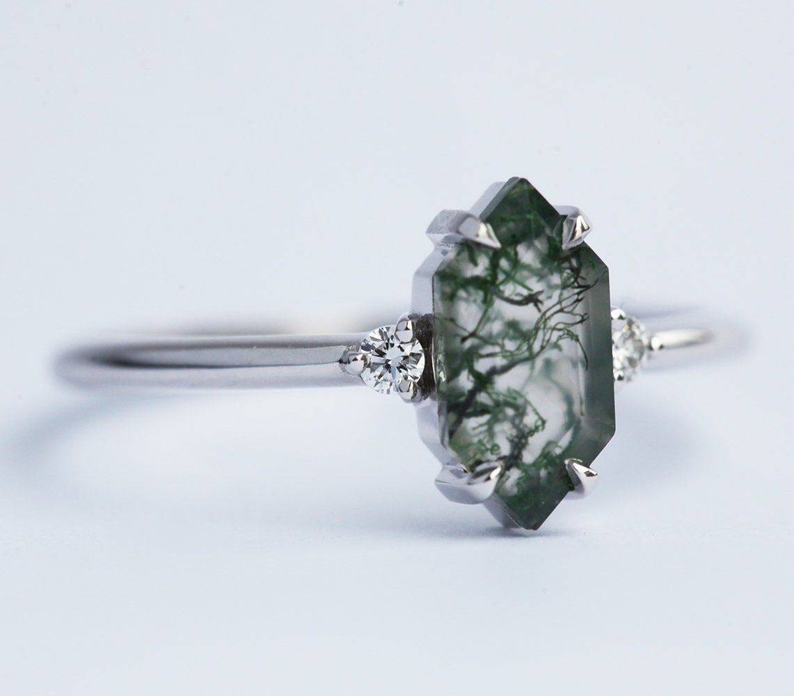 Hexagon Moss Agate, Platinum Ring with Side White Diamonds