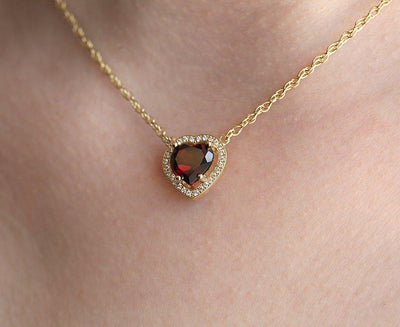 Heart Shape Garnet Diamond Halo Necklace