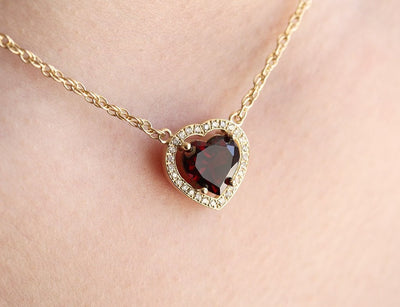 Heart Shape Garnet Diamond Halo Necklace