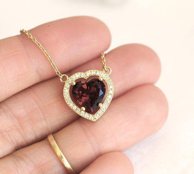 Heart Shape Garnet Diamond Halo Necklace