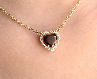 Heart Shape Garnet Diamond Halo Necklace