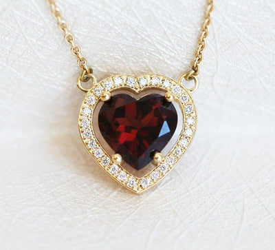 Heart Shape Garnet Diamond Halo Necklace