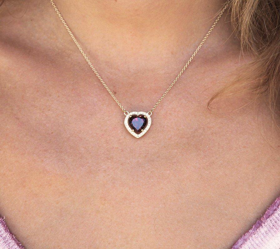 Heart Shape Garnet Diamond Halo Necklace