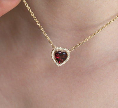 Heart Shape Garnet Diamond Halo Necklace
